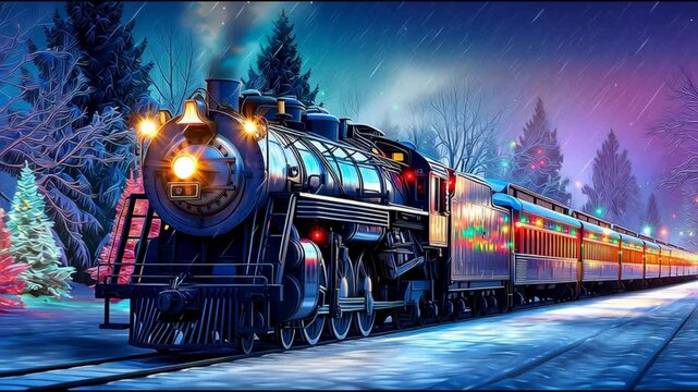 old steam locomotive, train in forest with christmas lights