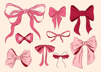 Set of hand-drawn  vintage pink ribbon bows