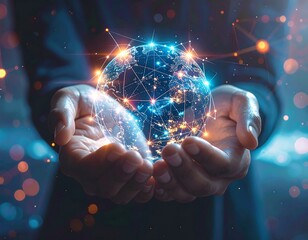 Hands cradle a glowing, stylized earth with interconnected points, bathed in soft bokeh lights and deep blues