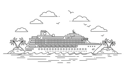 a detailed line drawing depicts a large cruise ship sailing on the ocean near a tropical island landscape with palm trees and birds © rsvect02