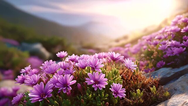 Field of vibrant purple flowers blooming in sunlit meadow with softly blurred horizon in defocused background, wildflower landscape, spring scenery, peaceful floral vista, with cop