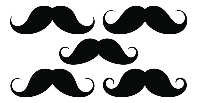 Mustache silhouettes set, vector collection featuring various styles of male facial hair, perfect for grooming designs, barber shop graphics, costume props, photobooth accessories, fashion illustratio