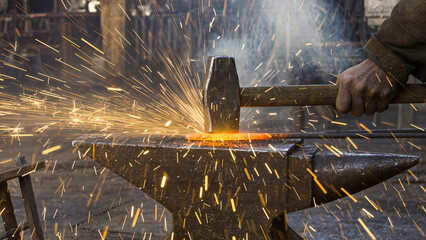 Action shot of a blacksmith forging molten iron on an anvil. Bright orange sparks flying in a traditional workshop. Concept of manual labor, traditional craft, and industrial metalwork.