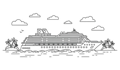 a detailed line drawing depicts a large cruise ship sailing on the ocean with palm trees and clouds in the background high quality © rsvect02