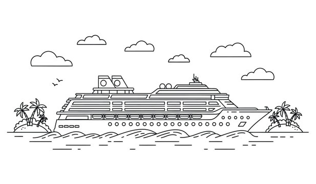 a detailed line drawing depicts a large cruise ship sailing on the ocean with palm trees and clouds in the background high quality