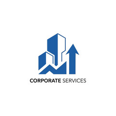 Fototapeta premium Corporate services abstract building growth arrow icon blue isolated on gray background
