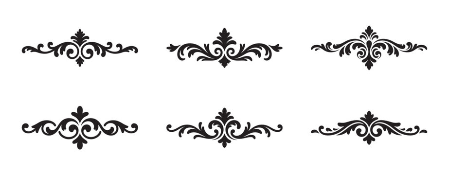 Collection of six elegant black ornamental dividers with acanthus leaf motifs