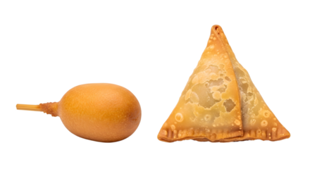 Two golden brown samosas and a corn dog, isolated on transparent background