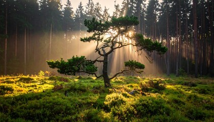 Forest clearing with sunlight streaming through trees, a lone pine in foreground, ground covered in lush greenery