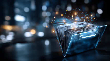 AI futuristic holographic interface of file manager heavily defocused background folder structure with documents and data scanning digital storage software cloud database paper