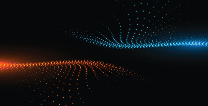 Two contrasting glowing particle waves orange and blue on black background futuristic technology energy flow