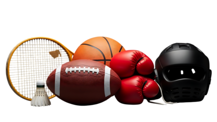 Sports equipment collection isolated on transparent background including racket ball and protective gear
