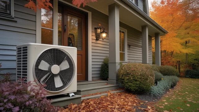 Autumn outdoor heat pump next to elegant house entrance amidst fall foliage