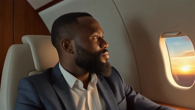 Bearded man in suit flies in private jet looking at sunset outside window. Professional enjo.