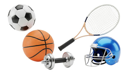 Sports equipment collection isolated on transparent background including soccer ball basketball tennis racket dumbbell and football helmet