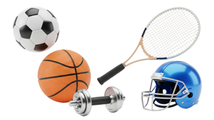 Sports equipment collection isolated on transparent background including soccer ball basketball tennis racket dumbbell and football helmet