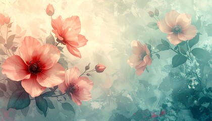 Light-soaked floral composition with stylized, softly-lit peach flowers against a blend of teal, beige, and white tones