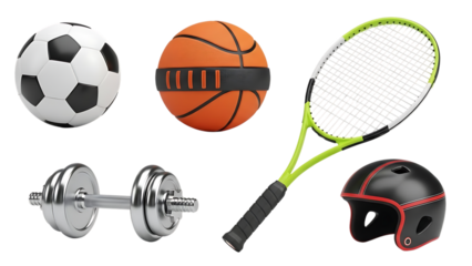 Sports equipment isolated on transparent background including soccer ball basketball tennis racket dumbbell and helmet