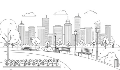 Naklejka premium a detailed black and white line drawing showcasing a sprawling cityscape with lush greenery in the foreground including trees and park benches
