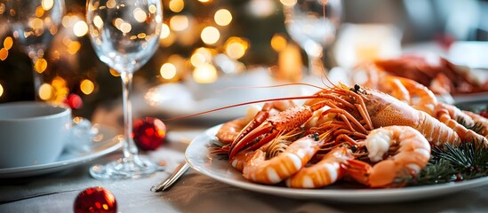 Festive dishes with assorted seafood, prawns and crabs on a table with Christmas decorations