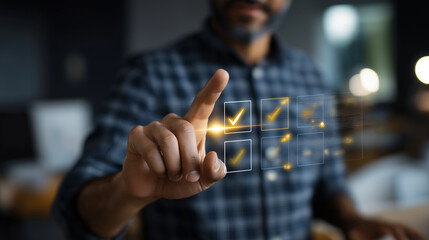 Digital interaction with faceless user engaging checklist interface heavily defocused business environment background anonymous person with task management display productivity