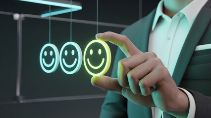 3d render businessman hand choosing glowing smiley face, customer satisfaction feedback, positive service rating, neon green happy icon, modern business review concept, success, excellence, quality.