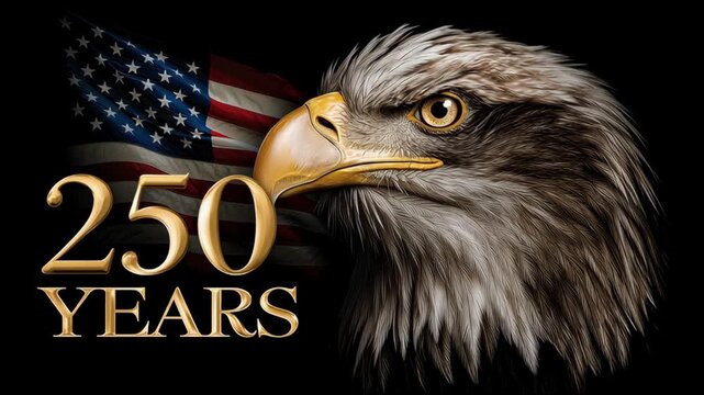 american bald eagle with an U.S. flag in the background, says 250 years. celebration for 4th of july, banner, backdrop, background