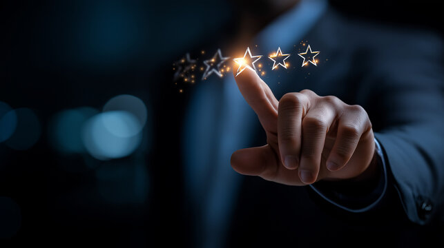 Faceless man in suit touching glowing five star rating interface heavily defocused dark background anonymous professional with quality assessment display customer satisfaction