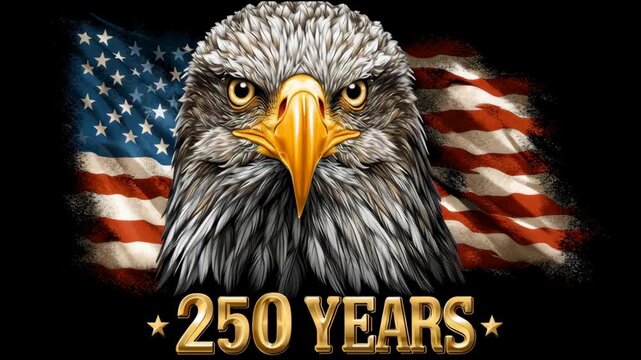american bald eagle with an U.S. flag in the background, says 250 years. celebration for 4th of july, banner, backdrop, background