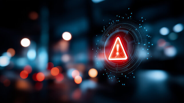 Cybersecurity warning alert on virtual interface heavily defocused digital risk background security notification display threat detection visualization cyber protection alert - Powered by Adobe