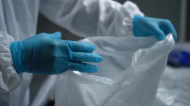 Biohazard waste disposal medical concept with gloved hands and protective suit healthcare