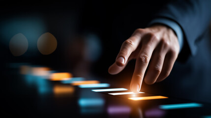 Faceless finger selecting glowing step on futuristic digital timeline heavily defocused interface background anonymous person symbolizing workflow and progress sequential task
