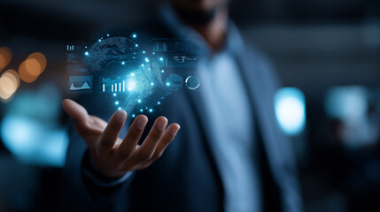 Faceless businessman's hand presenting glowing AI interface heavily defocused background anonymous professional with futuristic digital icons data visualizations display