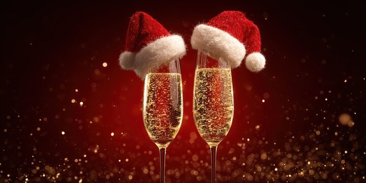 Zwei Sektgl&auml;ser mit Weihnachtsm&uuml;tzen auf rotem Hintergrund mit funkelndem Bokeh f&uuml;r Silvesterparty, Neujahr 2026 und Weihnachten Konzept