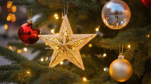 Christmas background. Beautiful festive decorations, star, glass balls and glowing garlands .