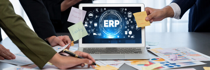 Analyst team use sticky note for creative and analytic brainstorm for business idea with BI data dashboard on laptop screen. Analysis financial data visualization tech for marketing strategy. Prodigy