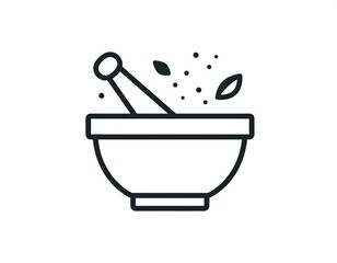 Line art drawing of a mortar and pestle with spices and herbs around, set against a white background