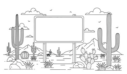 a minimalist line drawing depicts a desert landscape with cacti mountains clouds and a blank rectangular sign in the center inviting customization © rsvect02