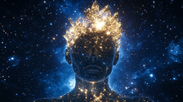 Mystical shaman beneath starry sky, palette of frosty white, emerald green, and ruby red, festive cosmic holiday design, AI generated