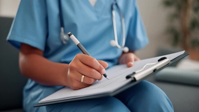 Close-up shot of nurse writing on clipboard, filling medical form in clinic. Healthcare work