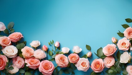 Beautiful Spring Border Blooming Rose Bush On A Blue Background