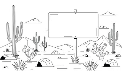 A black and white illustration depicts a desert landscape featuring cacti mountains clouds and a blank signpost offering space for text high quality