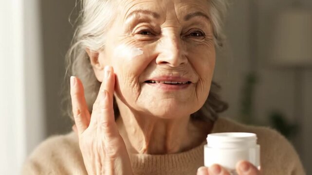 Joyful senior woman with radiant smile gently applies a nourishing skincare cream to her cheek, embracing graceful aging and self-care