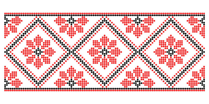 Repeated flower border line ornament  in traditional red and black colors, with Poltava region, Ukrainian embroidery motifs