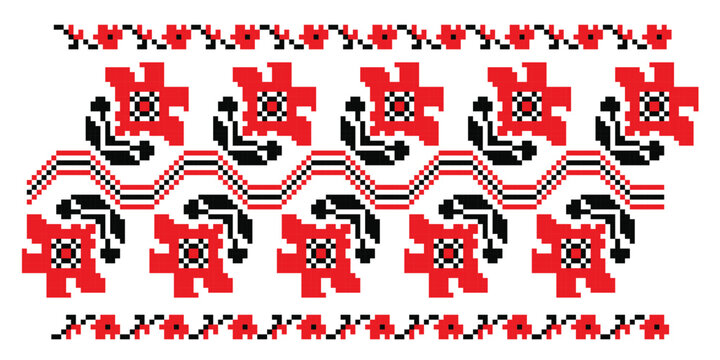 Pixel red flowers repeat ornament set, traditional embroidery pattern of Poltava region, Ukraine