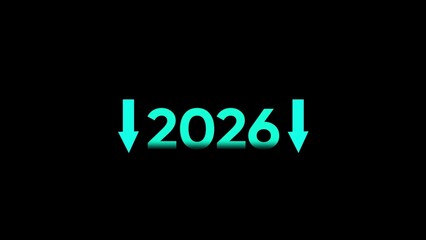 Obraz premium Glowing teal 2026 with downward arrows on black background green