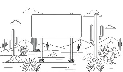 a detailed line art illustration depicts a desert landscape with cacti mountains clouds and a blank signpost offering a versatile template high quality