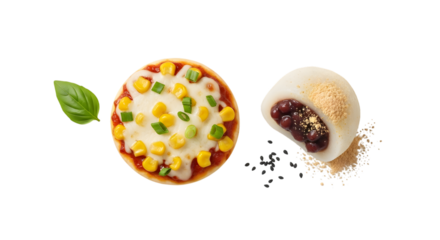 Mini pizza and mochi dessert isolated on transparent background