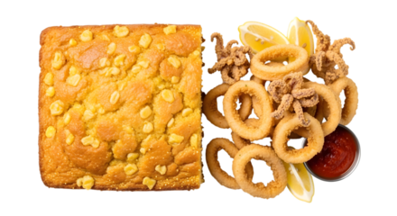 A square piece of cornbread next to a pile of fried calamari rings with lemon slices and dipping sauce, isolated on transparent background