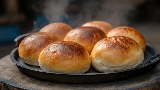 Freshly Baked Golden Brown Bread Rolls on a Rustic Wooden Table with Steam Rising in Background Generative AI